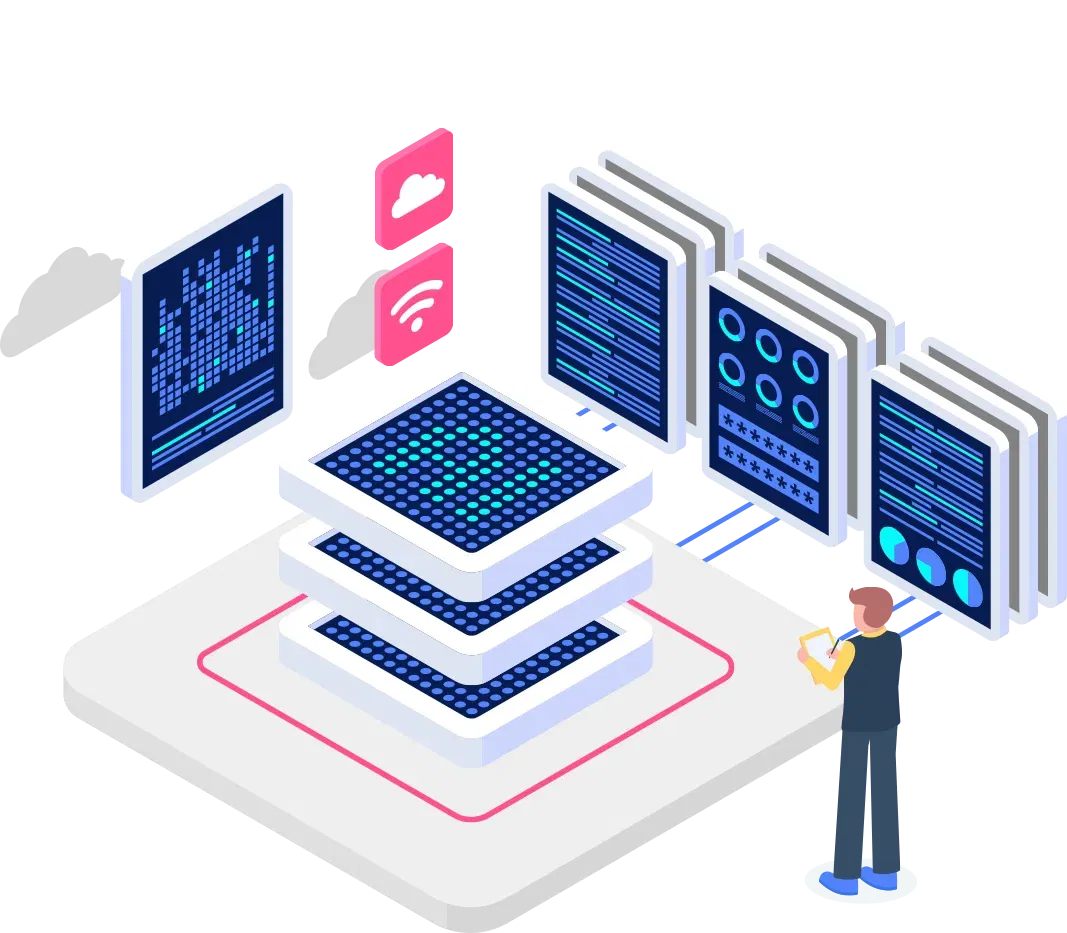 an illustration portraying a data management setup where an individual is overseeing several data storage units while interacting with cloud and network icons to ensure security and efficiency in data handling.