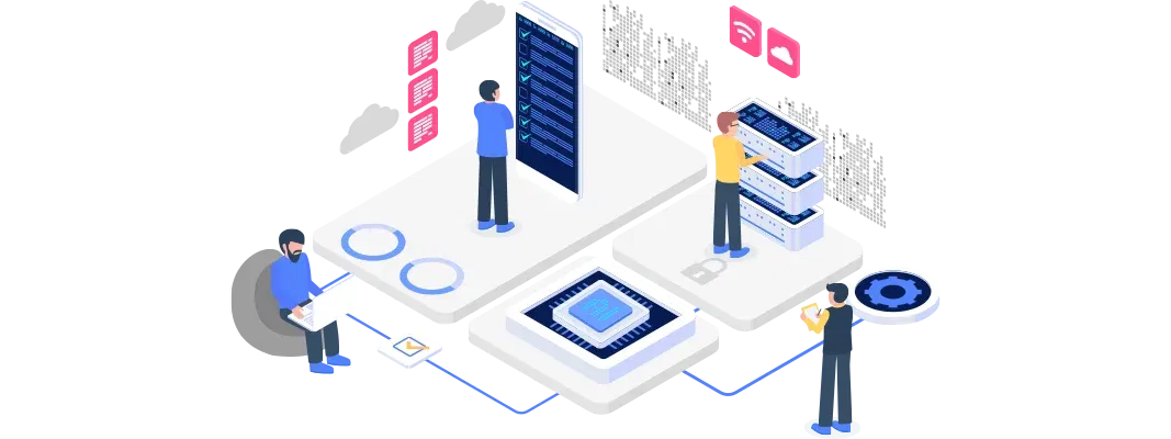 an illustration depicting a collaborative workspace with multiple individuals engaging in data tasks, featuring a central processing unit and various screens, emphasising automation and workflow management.
