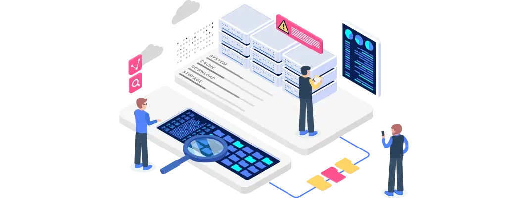 an illustration depicting a digital monitoring system with individuals analysing storage components, highlighting system status messages, and using a magnifying glass for detailed observations.