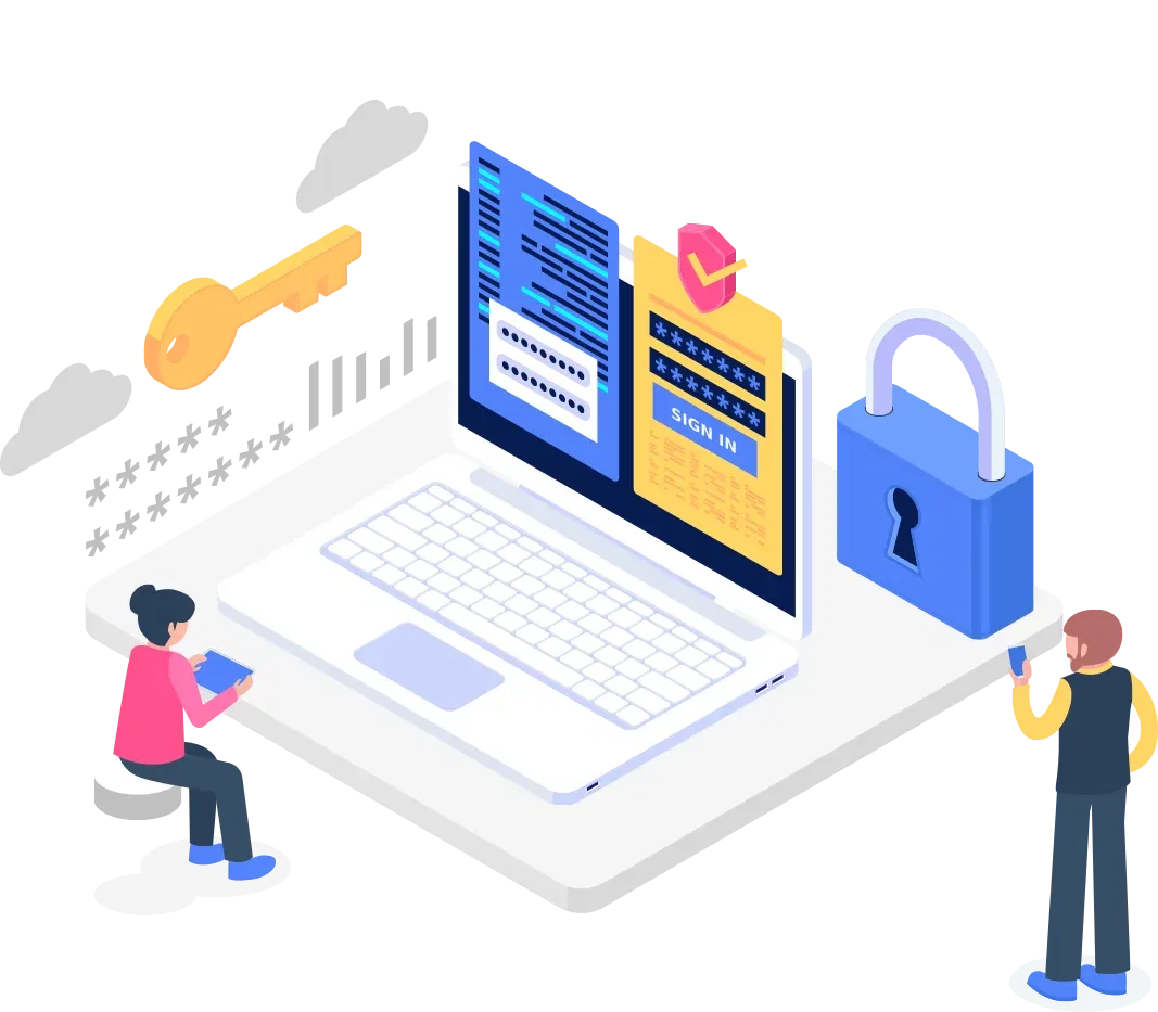 an illustration of a laptop displaying a secure login interface, complemented by a key and padlock symbolising security, with two individuals engaging with technology in a modern setting.