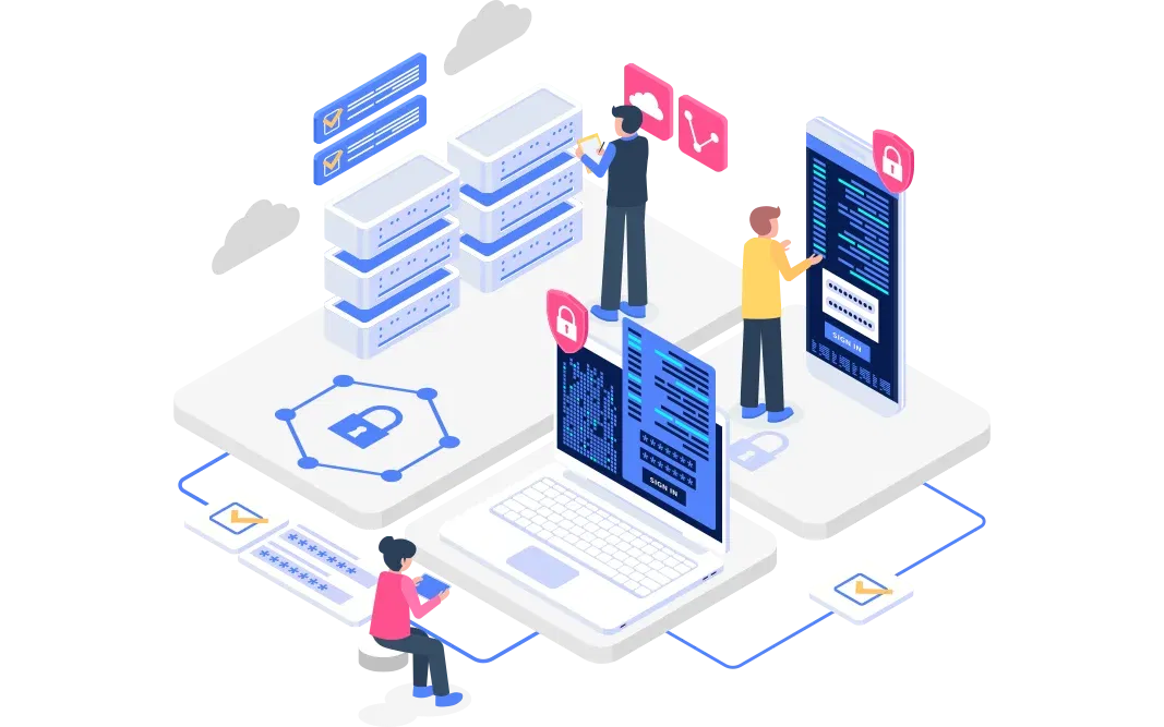 an illustration depicting a collaborative workspace with multiple users interacting with servers and a laptop, all integrated within a secure framework featuring visual indicators of data protection and user engagement.
