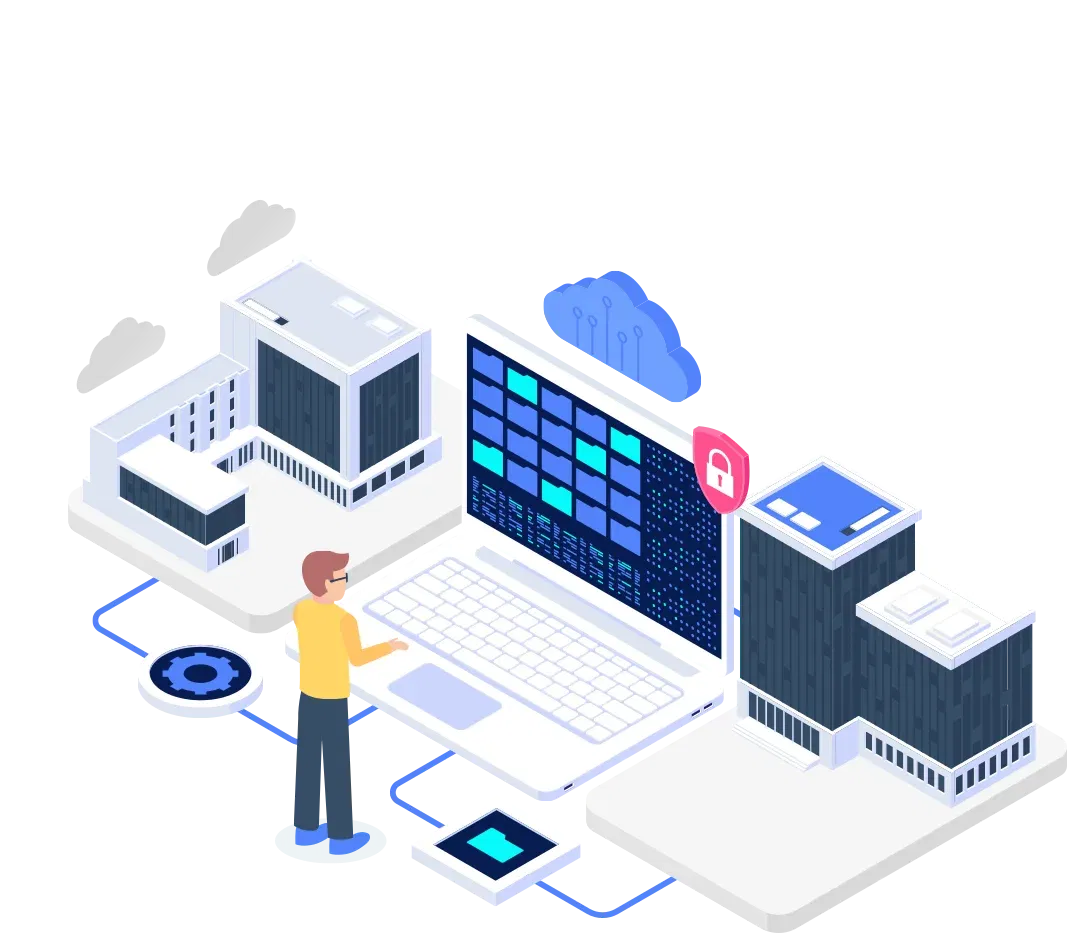 an illustration showcasing a professional individual interacting with a laptop, while cloud and data centre structures surround him, representing the concept of cloud migration and network architecture