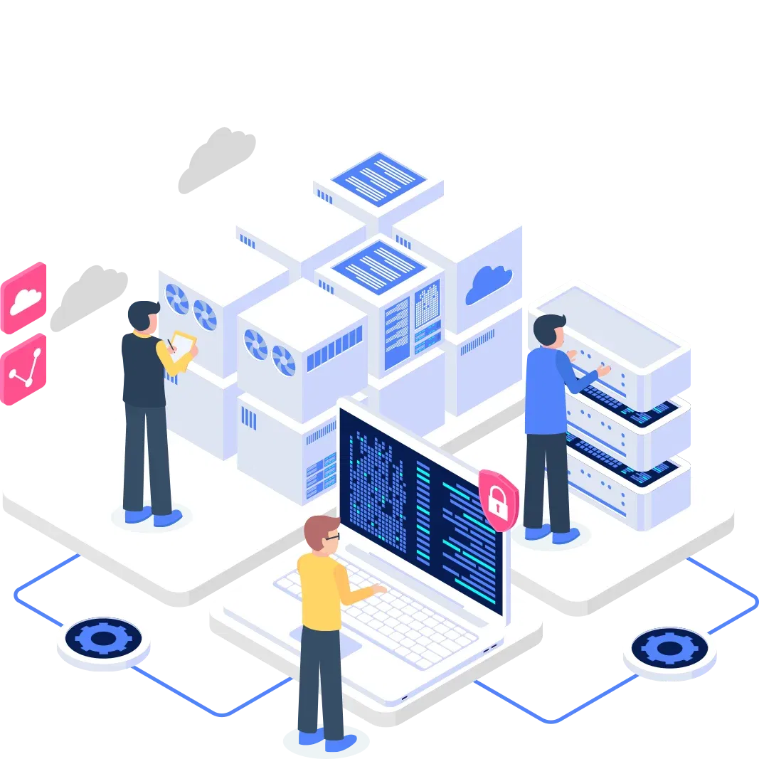 an illustration showing professionals engaged in configuring server infrastructure, with laptops and various server blocks depicted in a modern, digital environment.