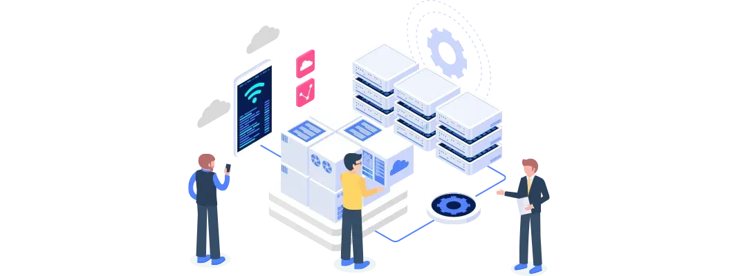 an illustration depicting a collaborative workspace where individuals assess and manage cloud and server resources, featuring monitoring screens and various devices.