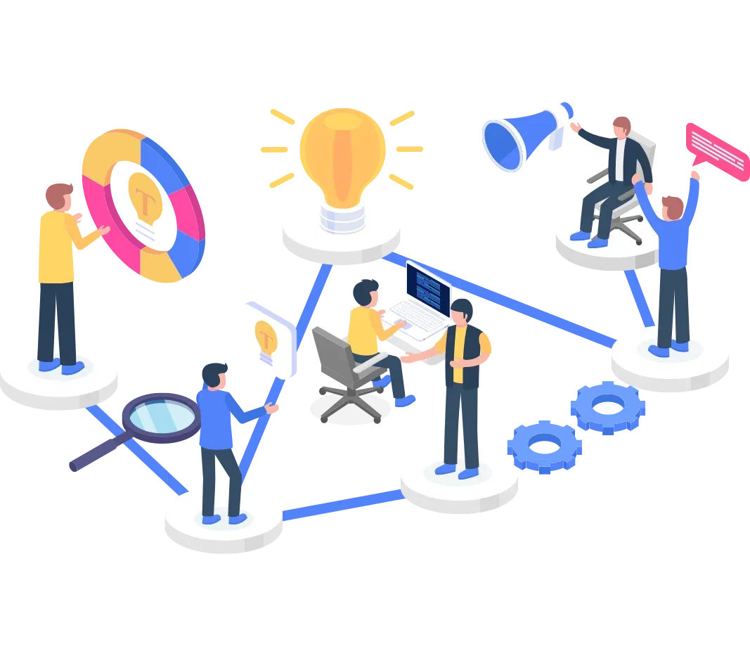 an illustration showcasing a network of individuals working together, exchanging ideas and utilising technology to enhance problem-solving and communication within a project.