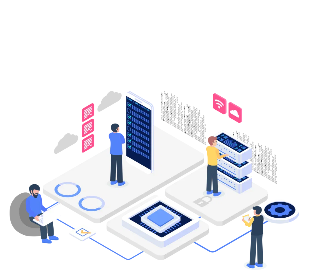 People managing connected data, AI processing, and automated tasks.
