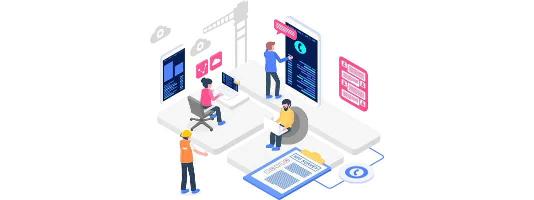 an illustration depicting a collaborative workspace in a contact centre, showcasing team members interacting with technology and discussing analytics, with visual elements representing communication channels