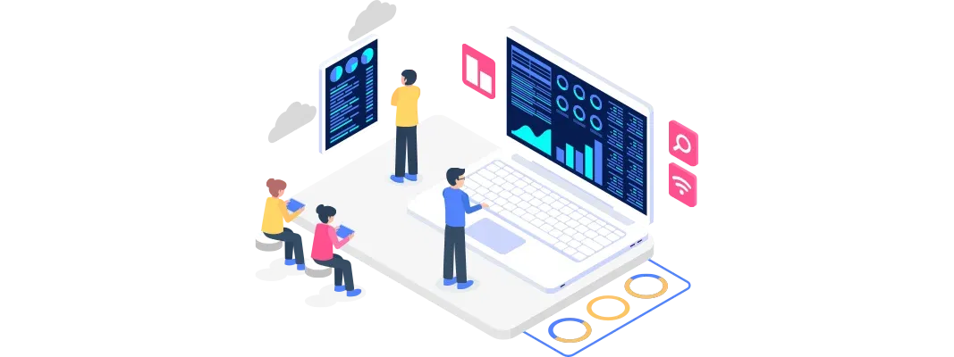 an illustration depicting multiple individuals engaged in a collaborative setting, focusing on a computer screen that presents data analytics, with additional graphical components suggesting interaction and communication.