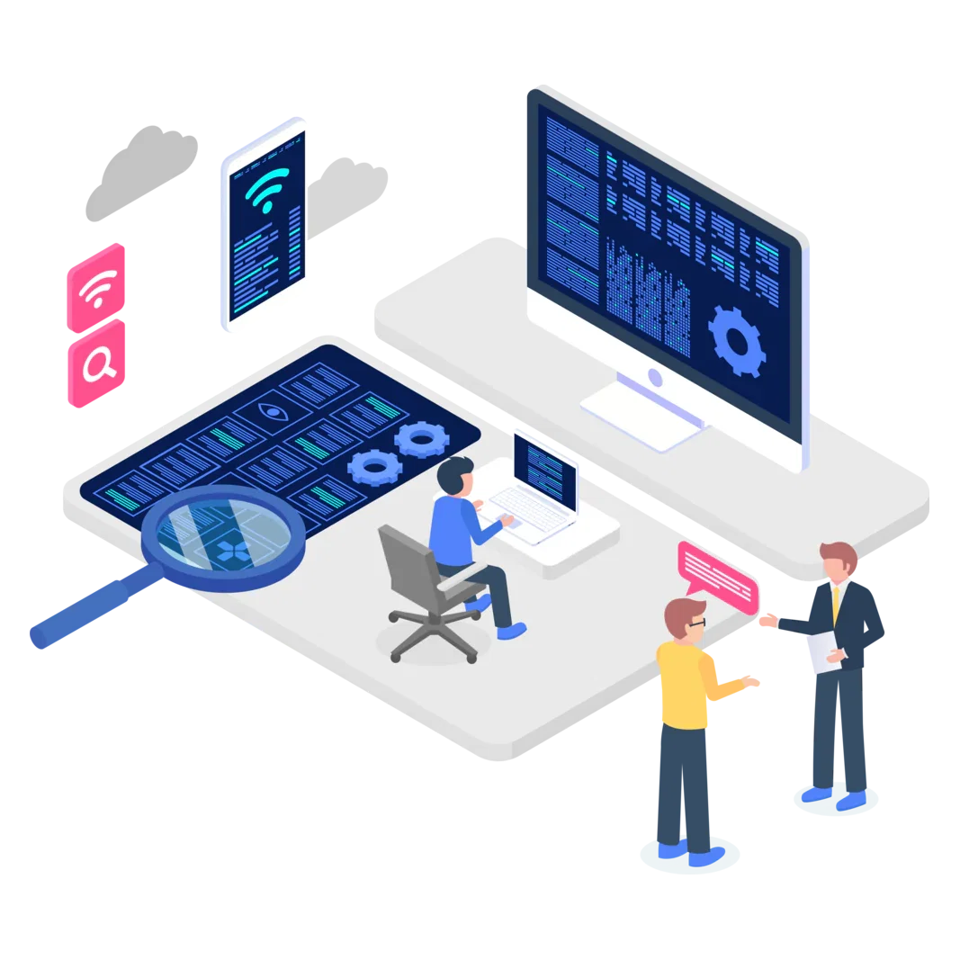 A team inspecting software and data across connected screens.