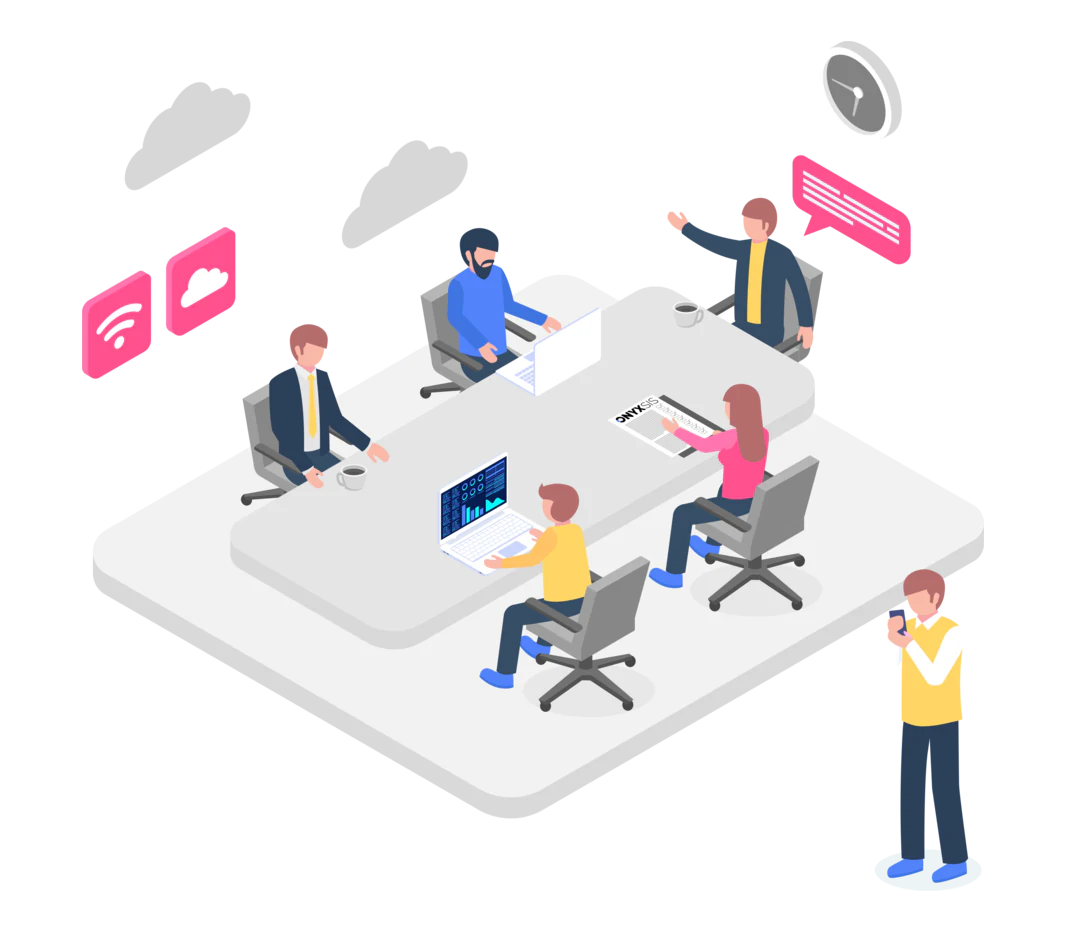 Colleagues reviewing information around a conference table.
