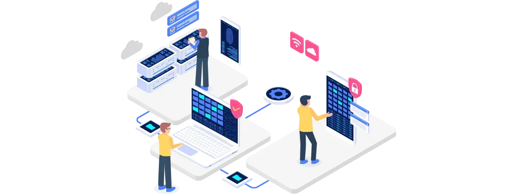 an illustration depicting multiple computers and servers interconnected, with three individuals engaged in monitoring and managing data flow, emphasising the efficiency and automation of modern system integration.