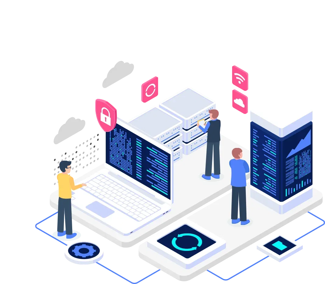 an illustration depicting a group of professionals interacting with legacy systems, showcasing laptops and servers with data visualisations, alongside security icons to represent modernisation and secure technology integration.