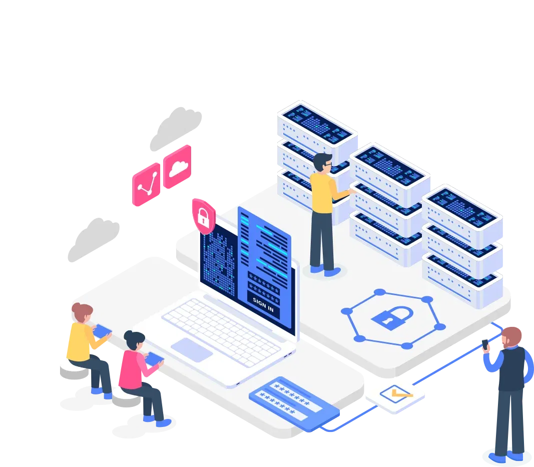 an illustration of a secure digital workspace where users are logging in on various devices, interacting with security protocols and interface elements to maintain data integrity during access.