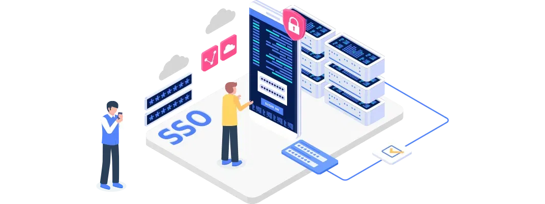 an illustration showcasing a Single Sign-On (SSO) interface that highlights user authentication, featuring a central panel with passwords, server stacks, and security indicators