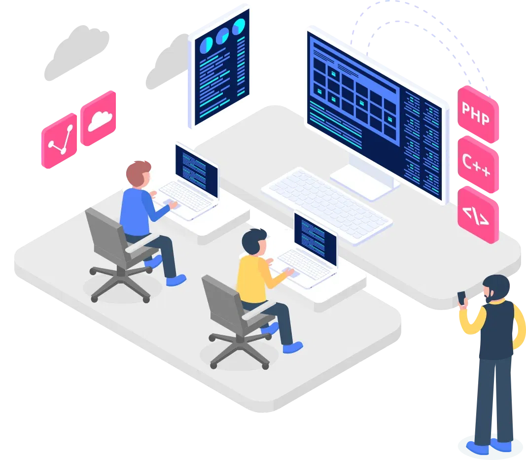 an illustration depicting a collaborative coding environment where two individuals are seen programming on laptops, while a third person monitors their work on a desktop screen displaying code snippets and relevant programming languages.