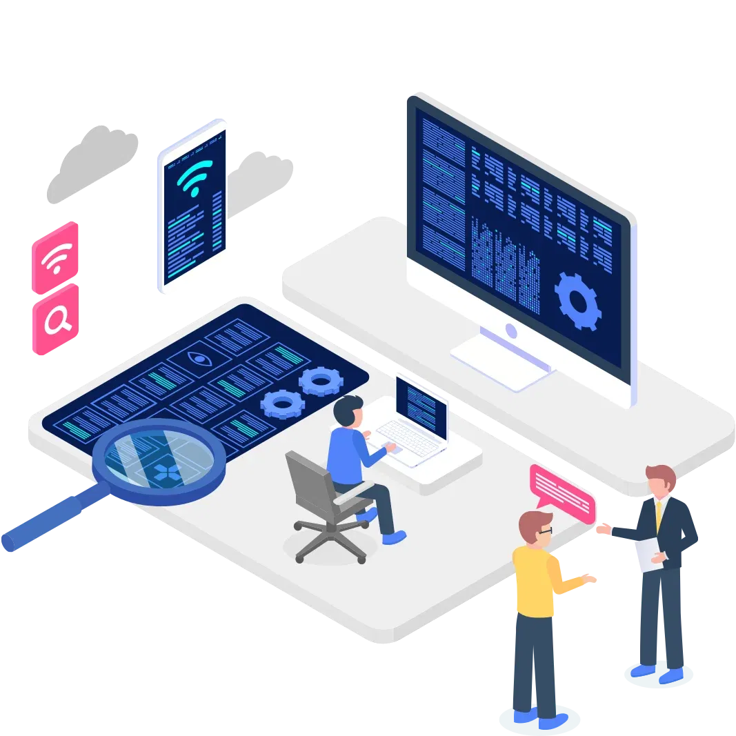 an illustration showcasing a tech meeting where one individual is actively engaged with their laptop, while another analyses data on a large monitor, with visual representations such as gears and a magnifying glass indicating a focus on problem-solving.
