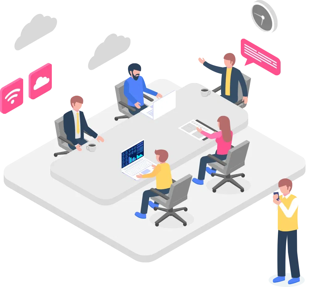 an illustration of a diverse team seated around a conference table, with multiple laptops open, actively discussing data on their screens and sharing insights to enhance collaboration during a project meeting.