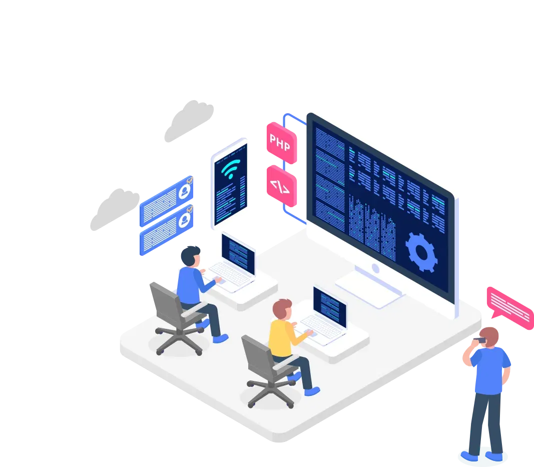 an illustration of a team of IT professionals at work, featuring three individuals engaged with laptops and a large monitor displaying code and system configurations, symbolising collaborative technical support.