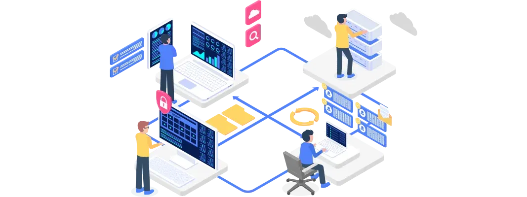 an illustration showing multiple team members engaging with servers and systems, utilising data analytics and security tools while coordinating workflows to ensure efficient technical support.