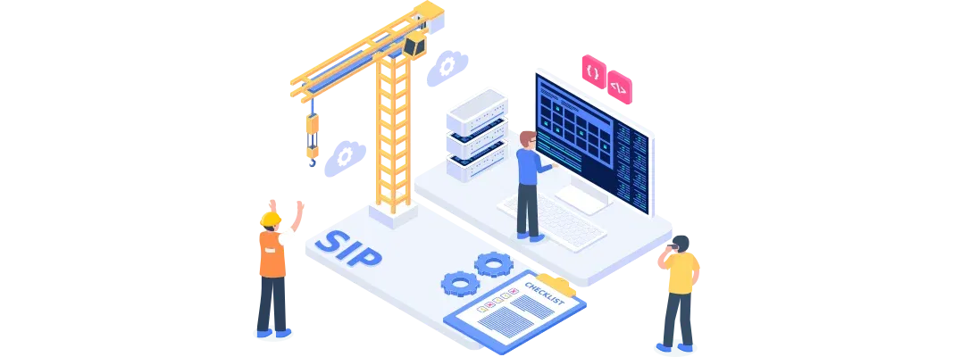 an illustration depicting a construction site themed around VoIP technology, featuring two workers overseeing the integration of systems on a computer and a crane hoisting components, with the term 'SIP' prominent on the ground.