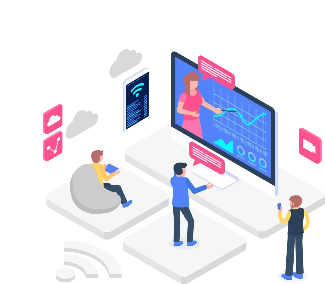 an illustration featuring a presentation scenario where an individual is demonstrating data trends on a large monitor, while others interactively respond with queries and observations, fostering an engaging learning environment.