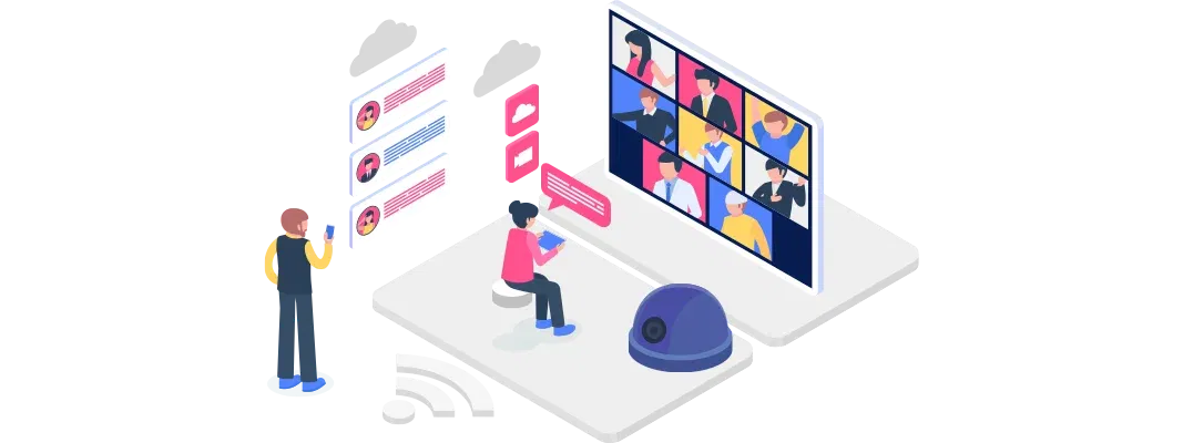 an illustration of a virtual meeting setting where multiple participants are visible on a large screen, with one person using a mobile device and another interacting with a laptop, complemented by messaging and cloud icons.