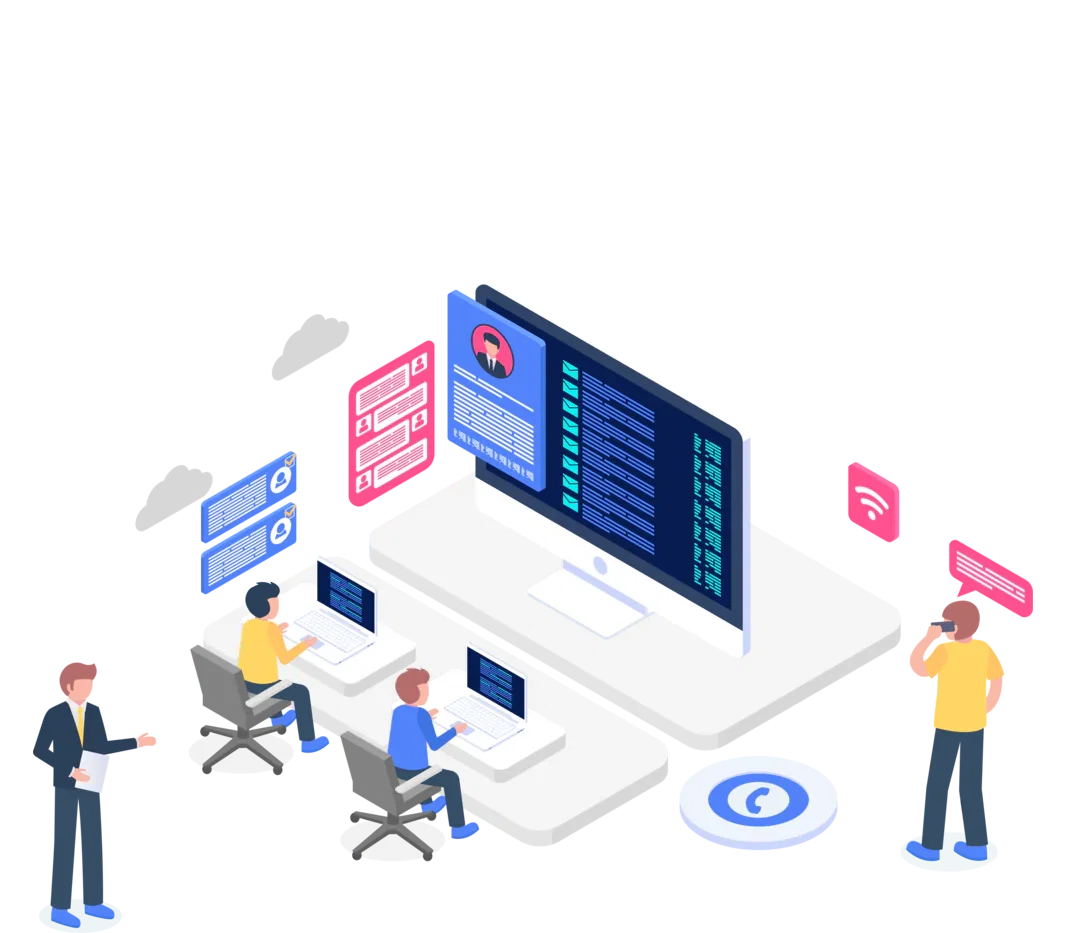 Support engineers reviewing a customer record and technical status screens.