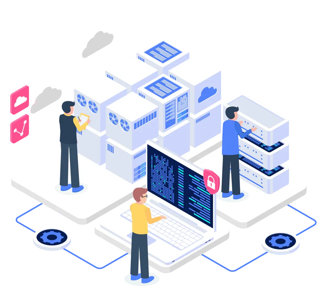 Engineers working with virtualised server and container platform components.