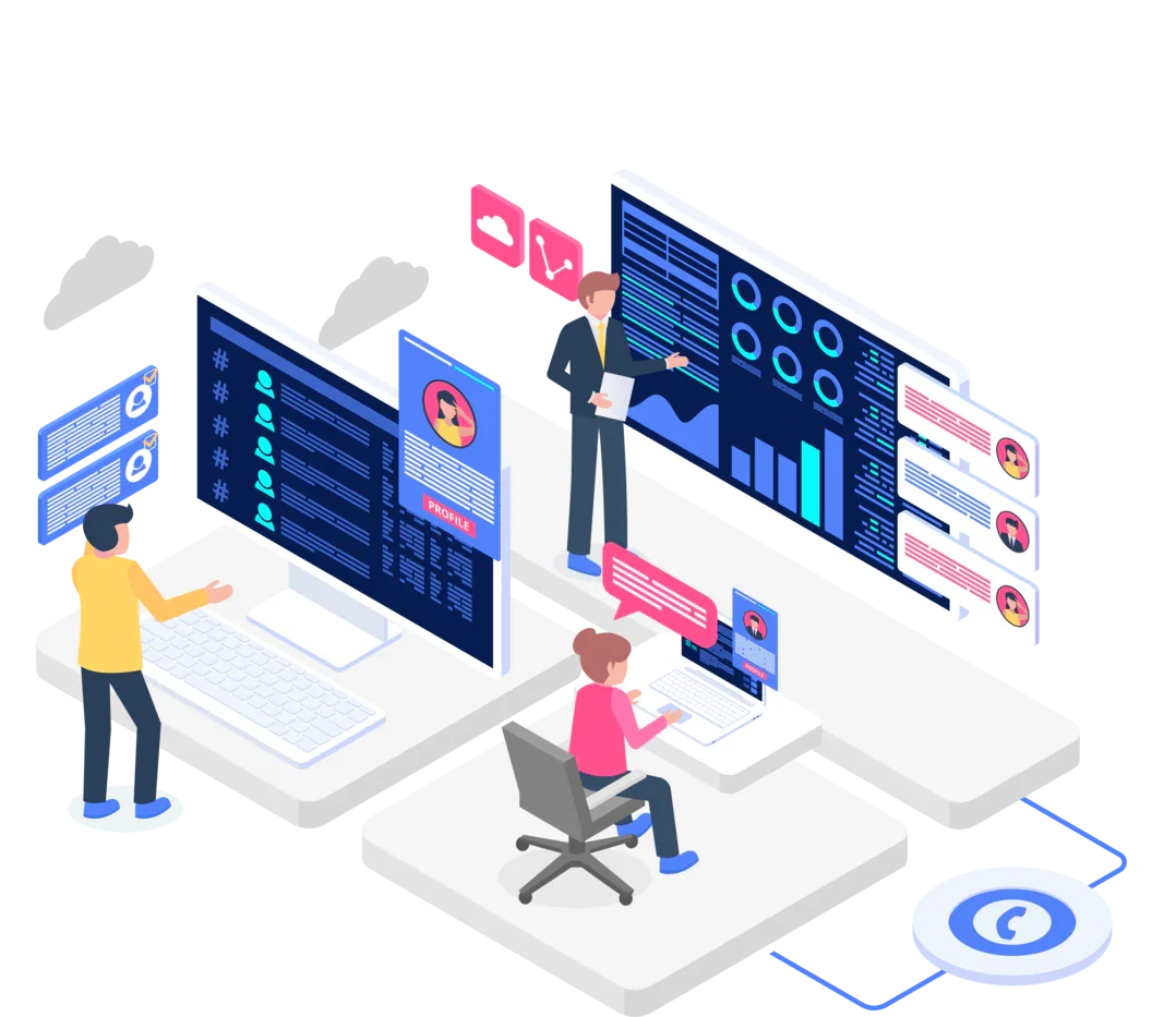 A team reviewing customer interactions and contact-centre dashboards.