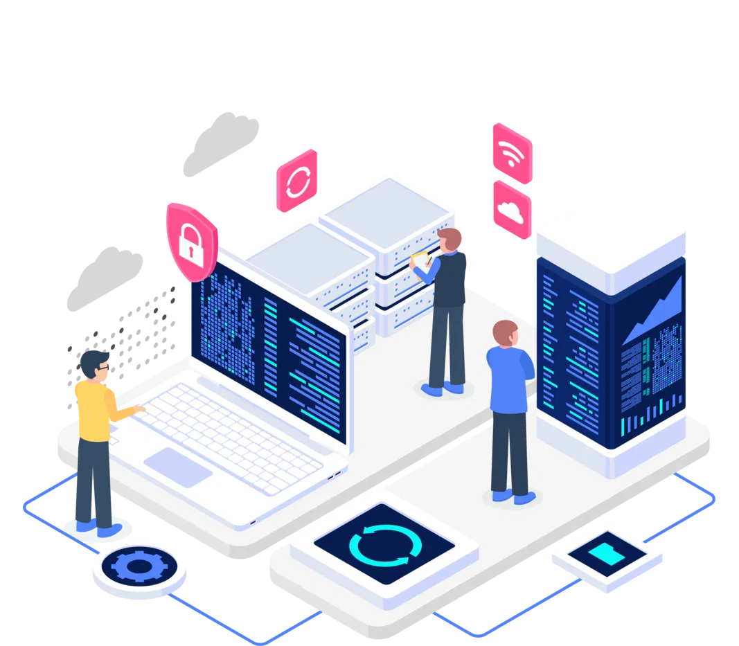 Engineers working across connected legacy servers and modern system interfaces.